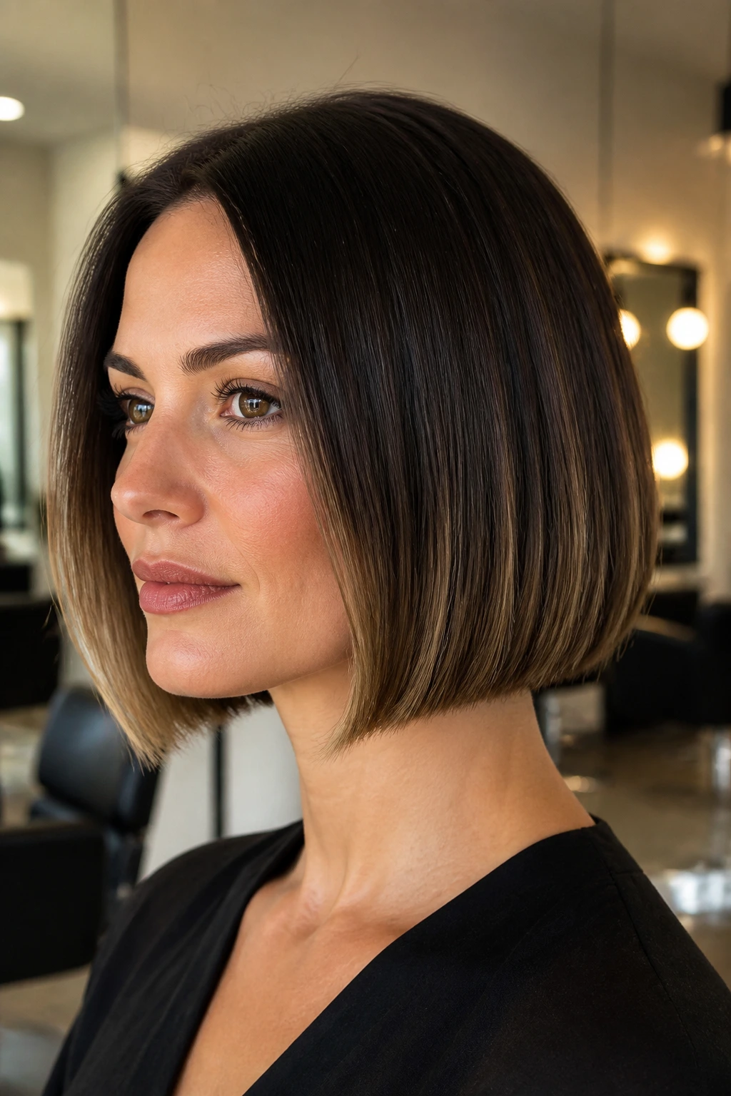 Close-up of a real woman with blunt chin-length bob and hidden highlights near the chin