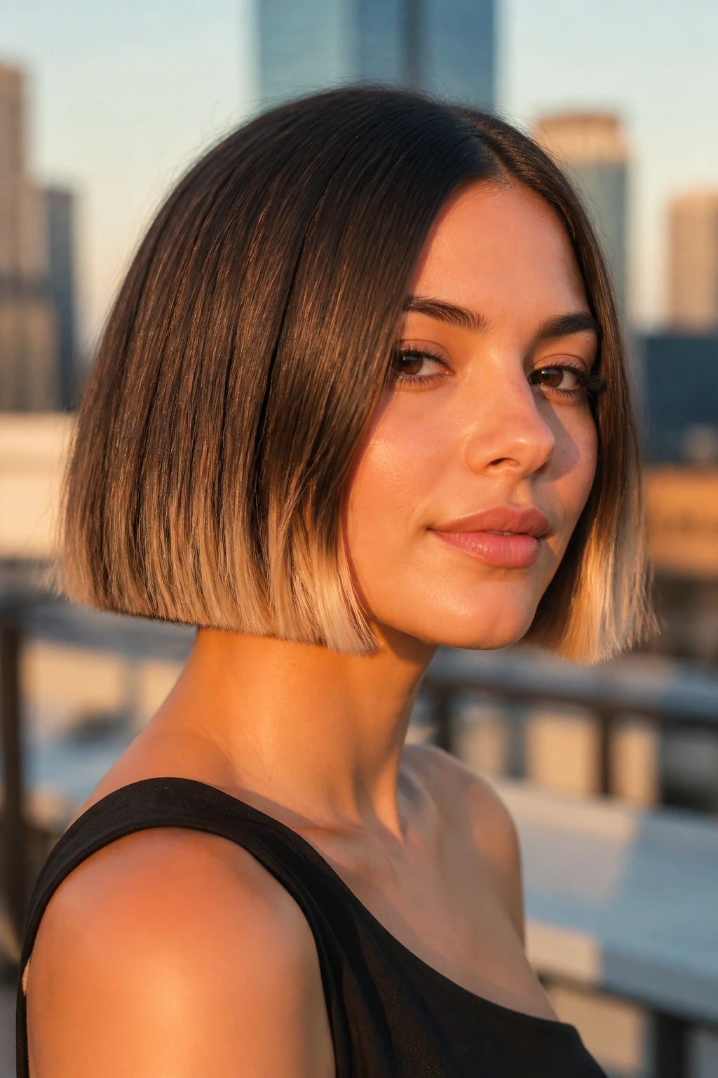 Real person with blunt bob and chunky highlights against city rooftop backdrop