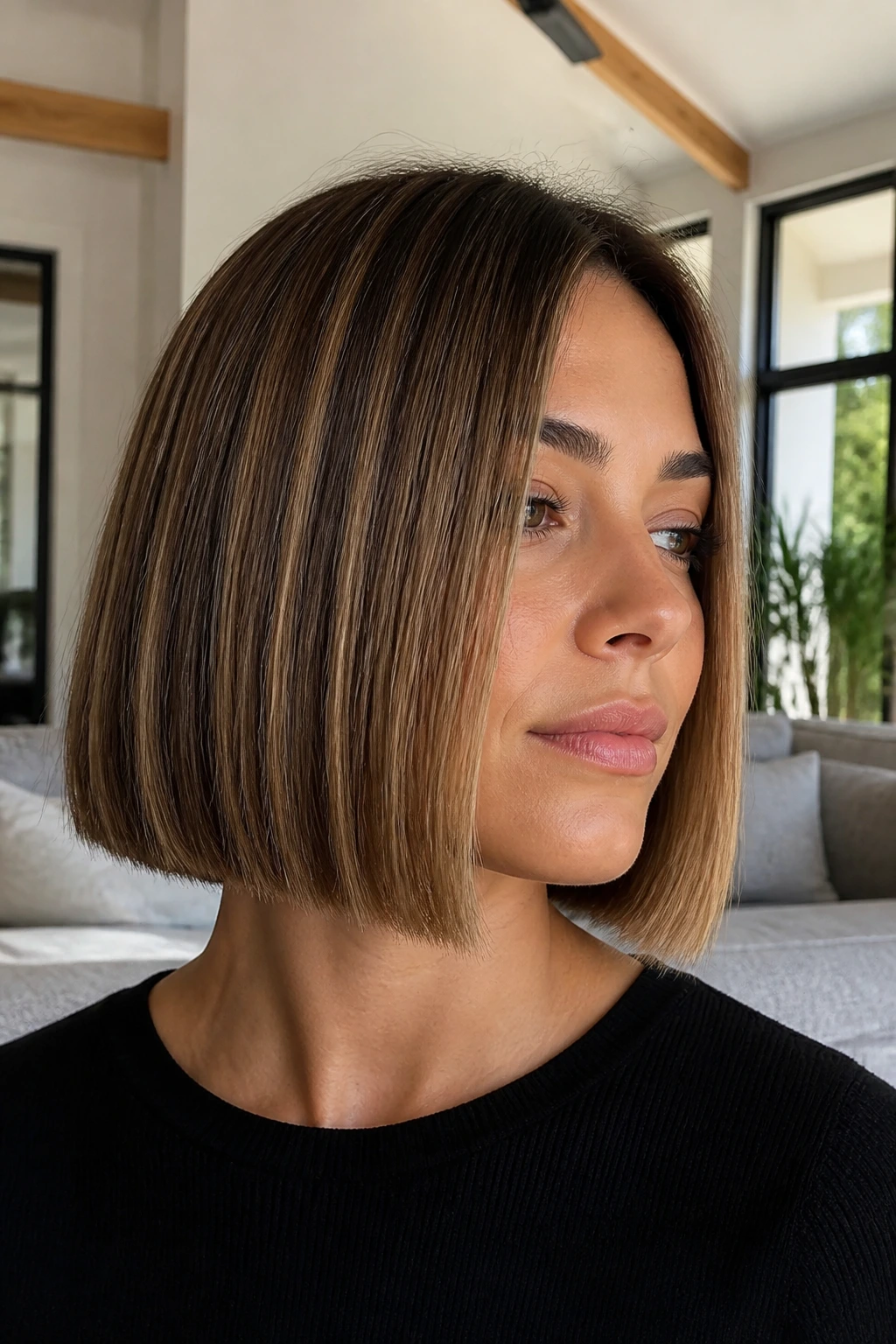 Blunt bob with subtle highlights on a real person in daylight