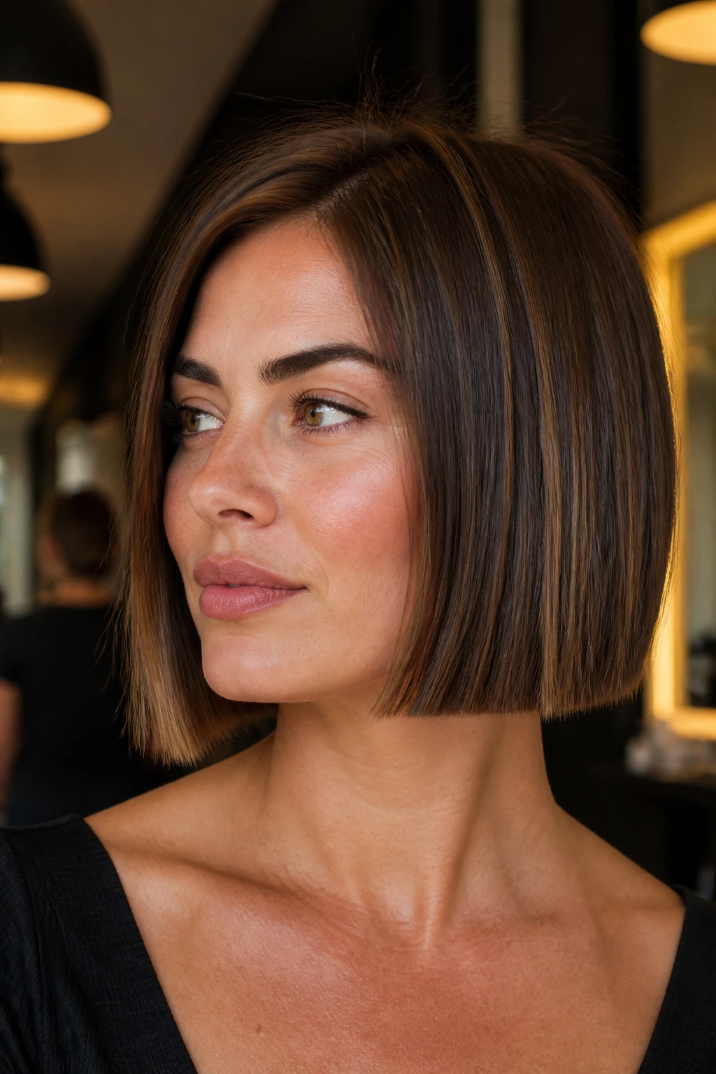 Close-up portrait of a real person with blunt bob and inner texture