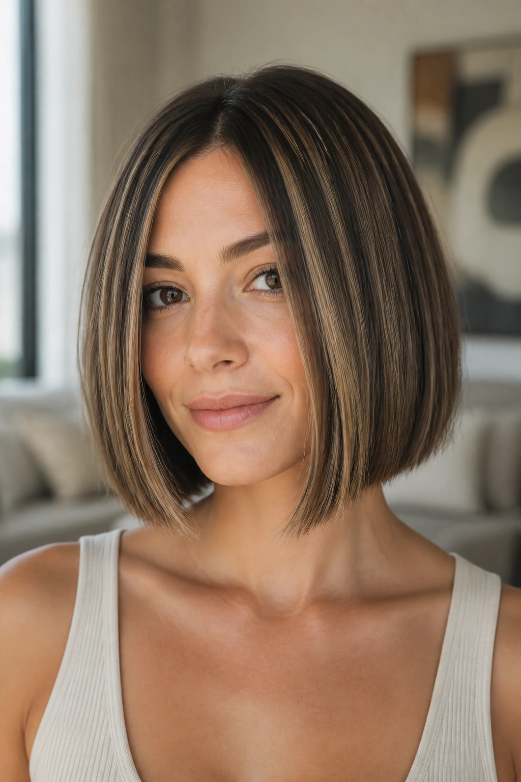 Close-up of a real person with a blunt bob and subtle color highlights that add depth