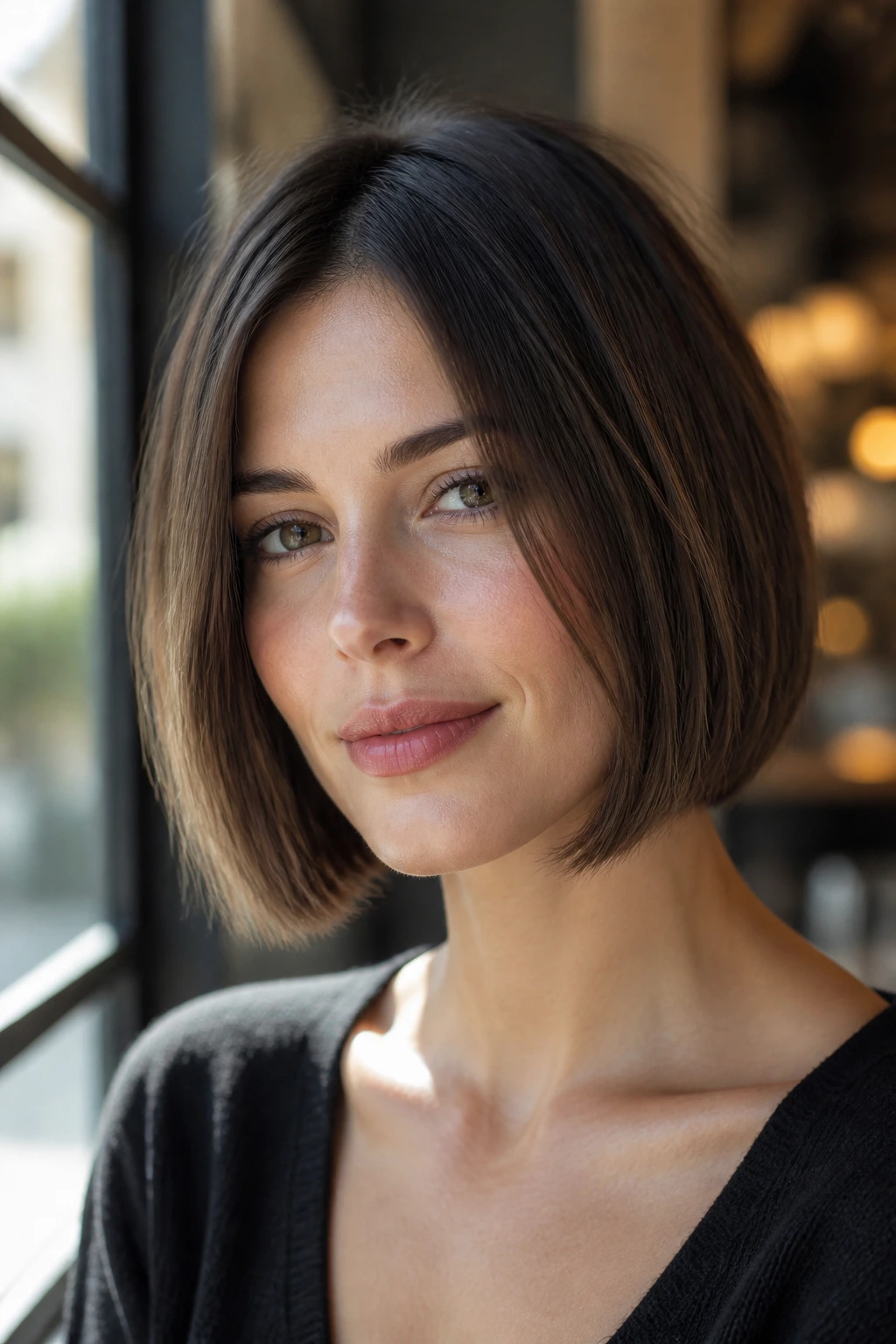 Close-up of a real woman with a blunt bob and hidden inner layers, cafe daylight