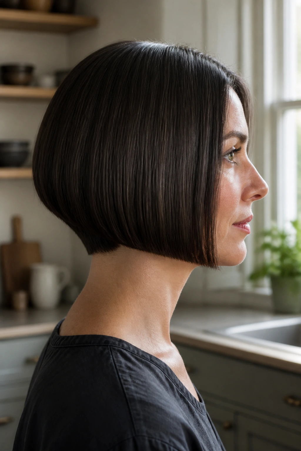 Close-up profile of a real woman with blunt jaw-length bob and tapered nape
