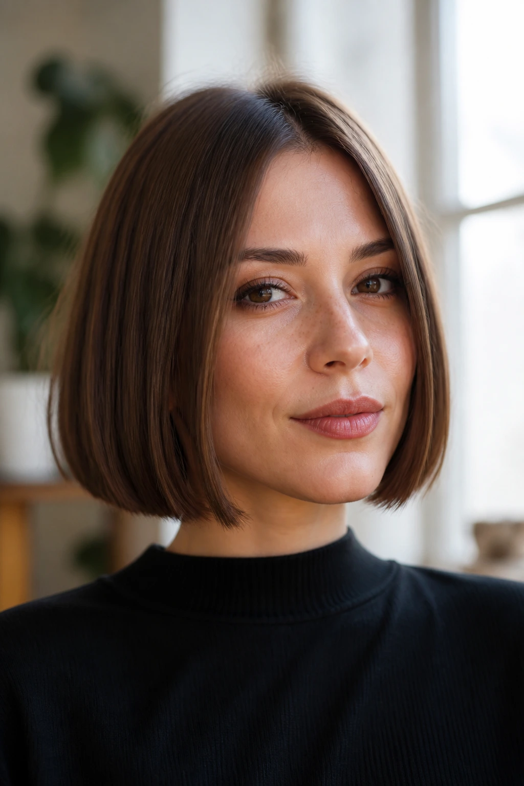 Close-up portrait of a real woman with a blunt jaw-length bob under soft window light