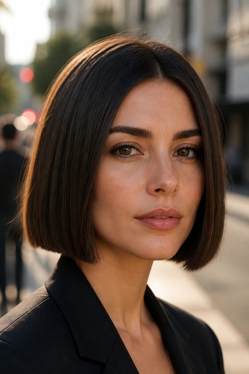 Portrait of a woman with a blunt jaw-length bob