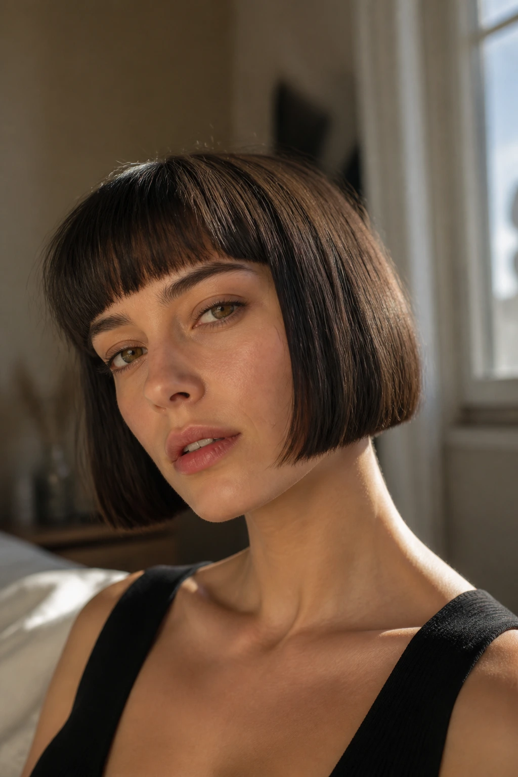 Close-up portrait of a real woman with a jaw-length Classic Blunt French Bob in natural window light