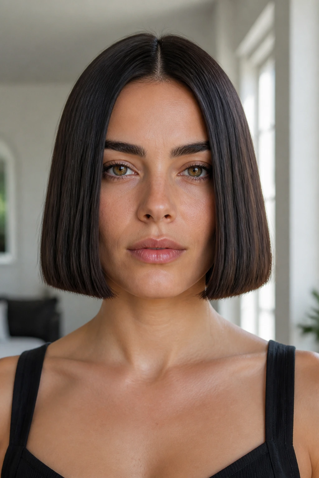 Real person with a classic blunt bob haircut