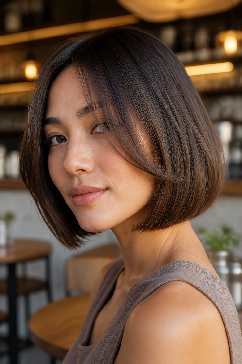 Portrait of a woman with blunt bob and long cascading bangs in a chic cafe