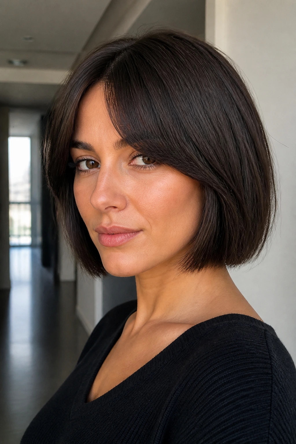 Close-up portrait of a real woman with a minimalist blunt bob and long bangs