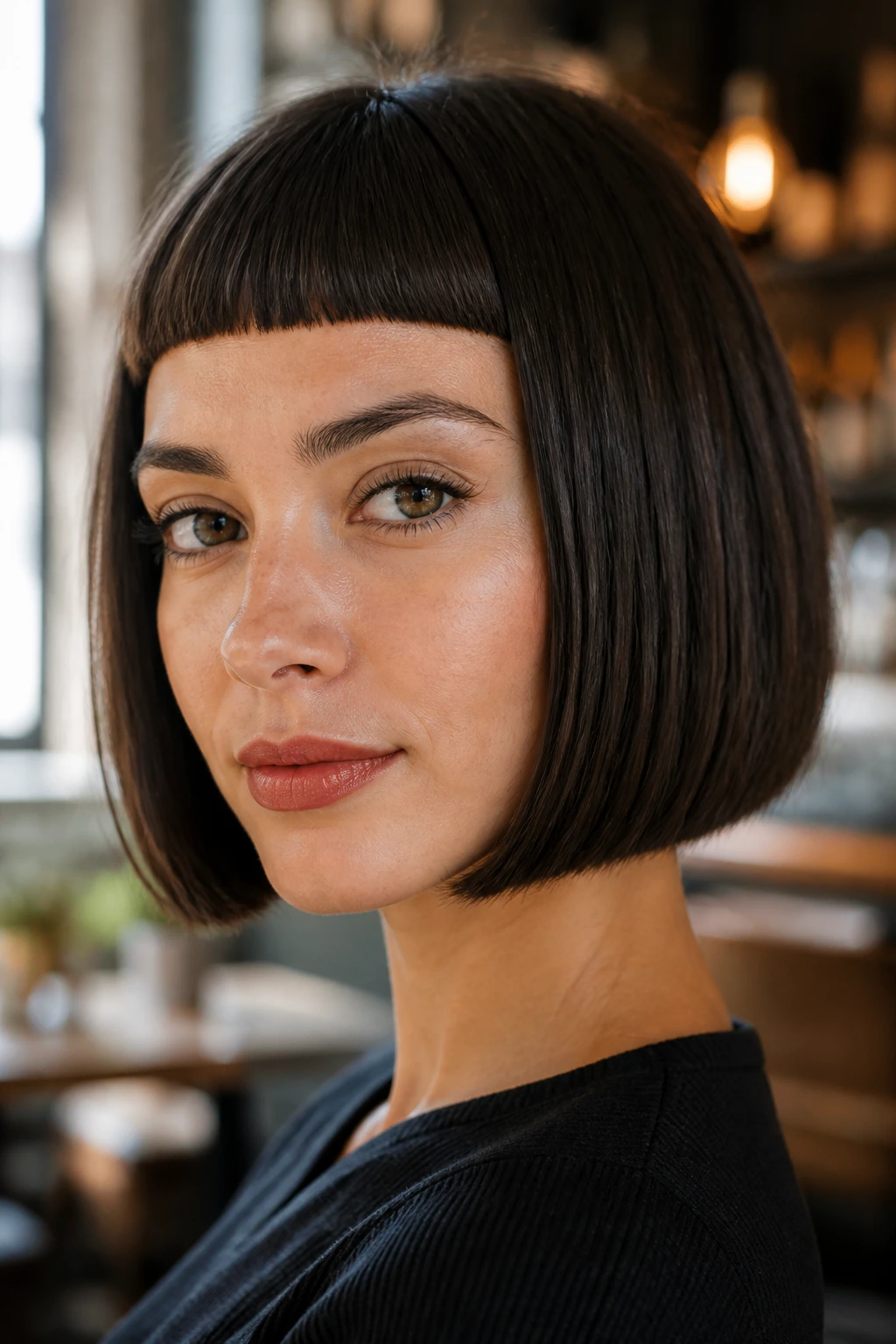 Blunt bob with micro-bangs on real woman