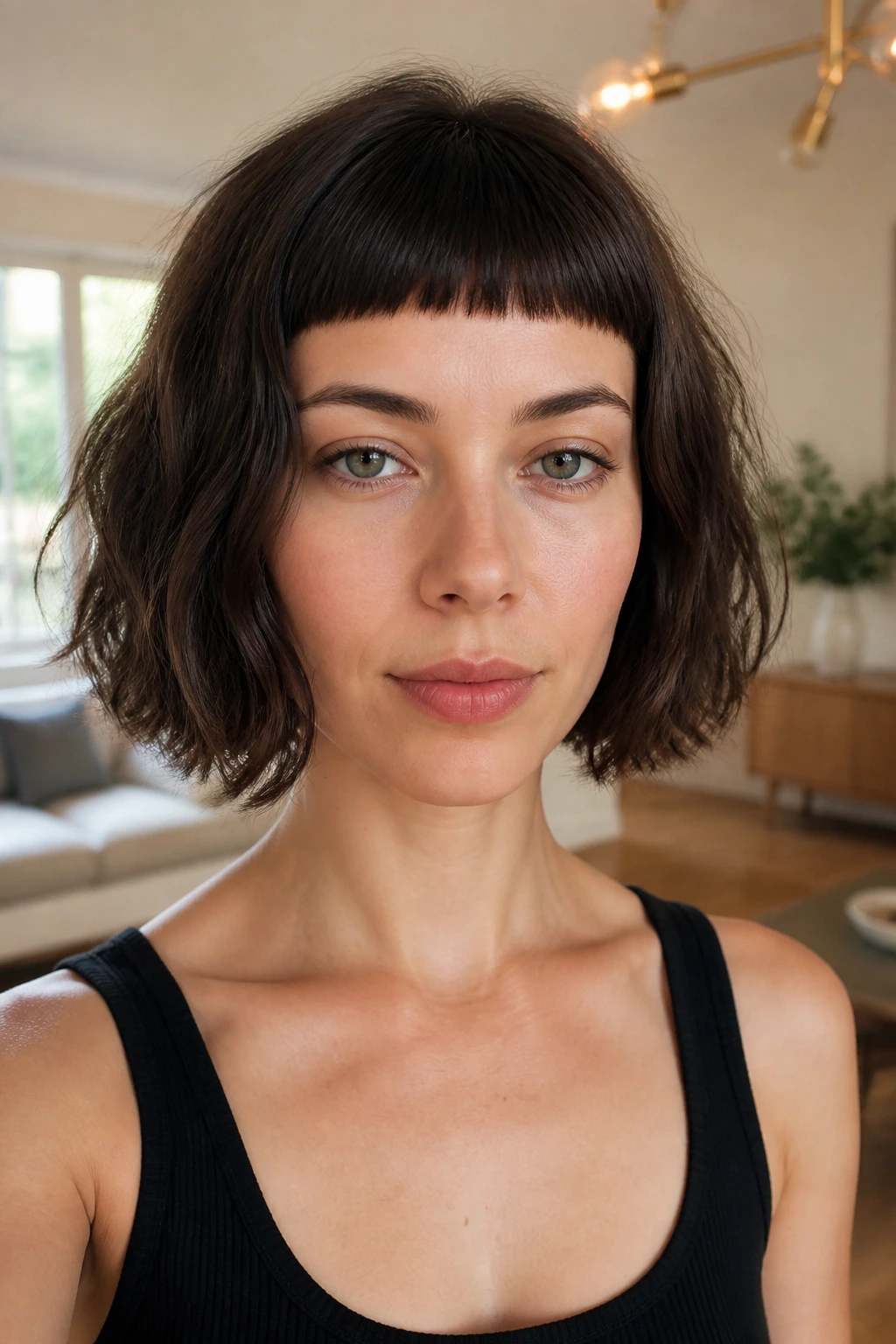 Close-up of a real woman with blunt bob and micro-bangs in a bright living room.