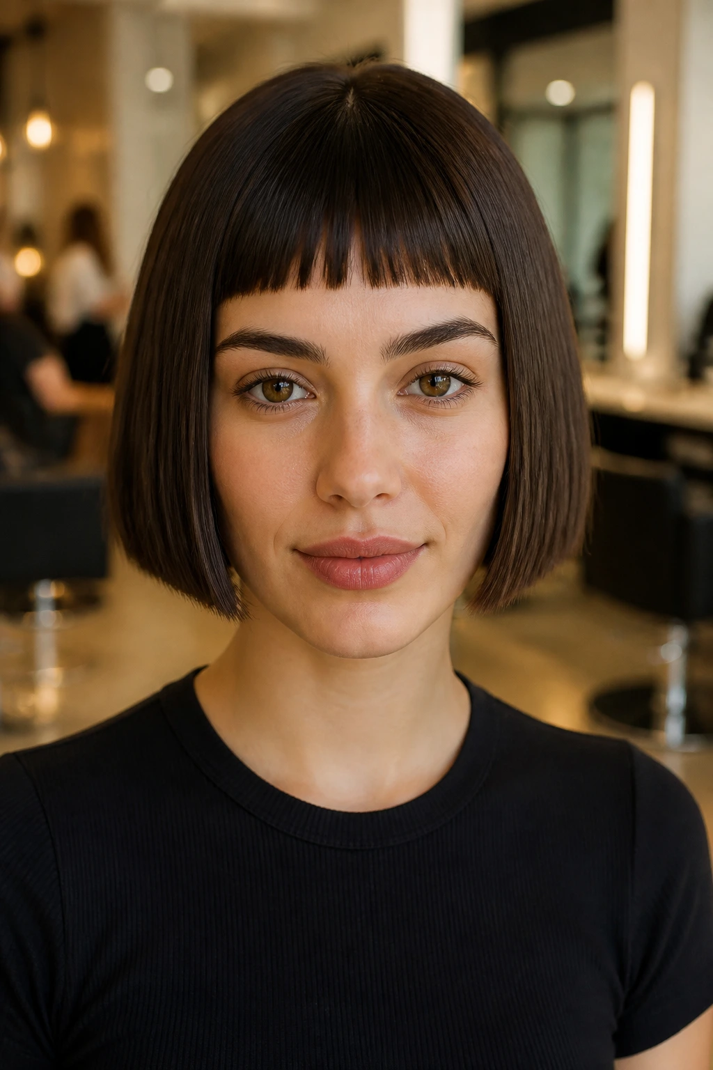 Portrait of a person with a blunt bob and micro-bangs