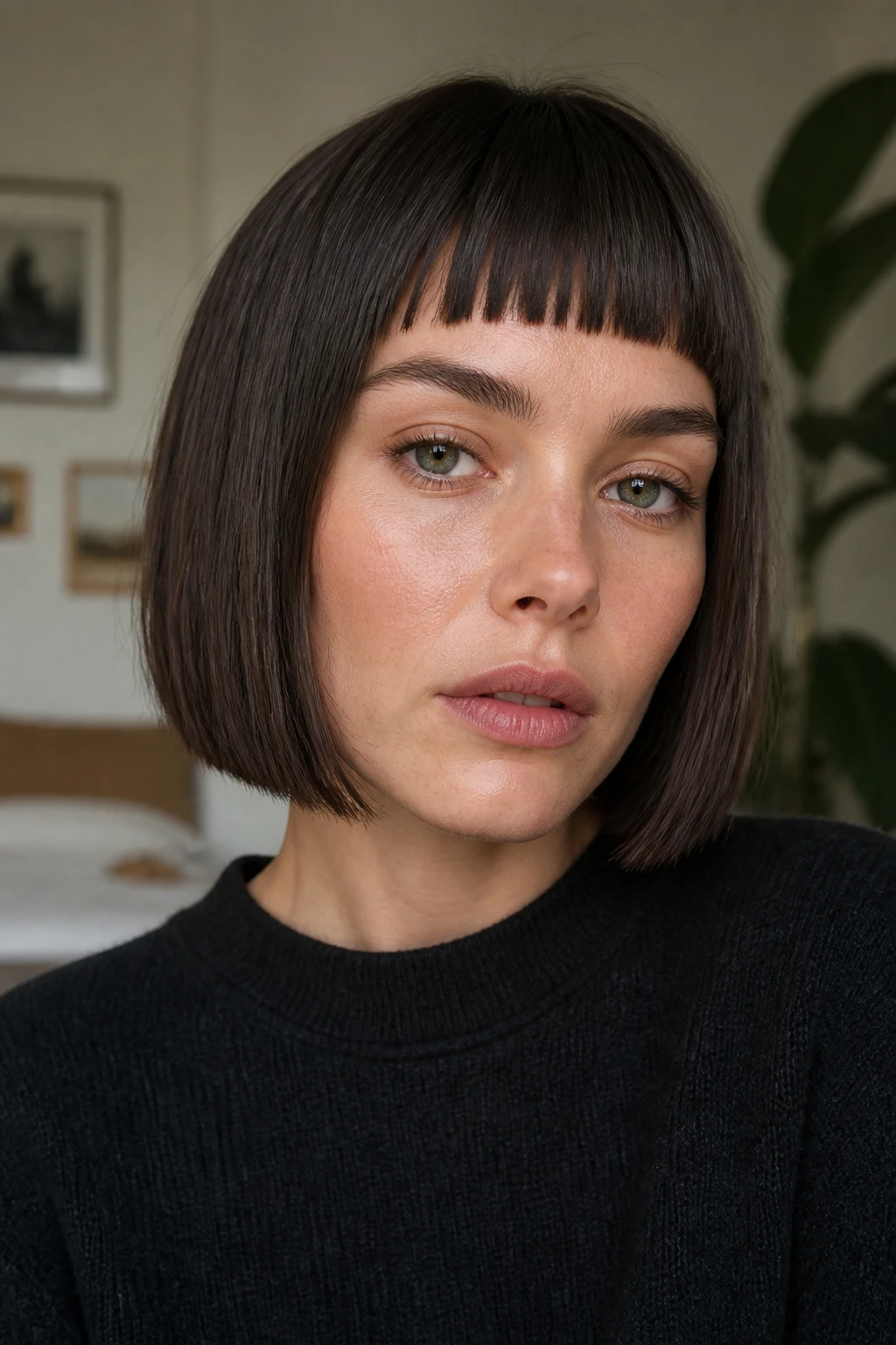 Close-up of blunt bob with micro-bangs on a real woman.