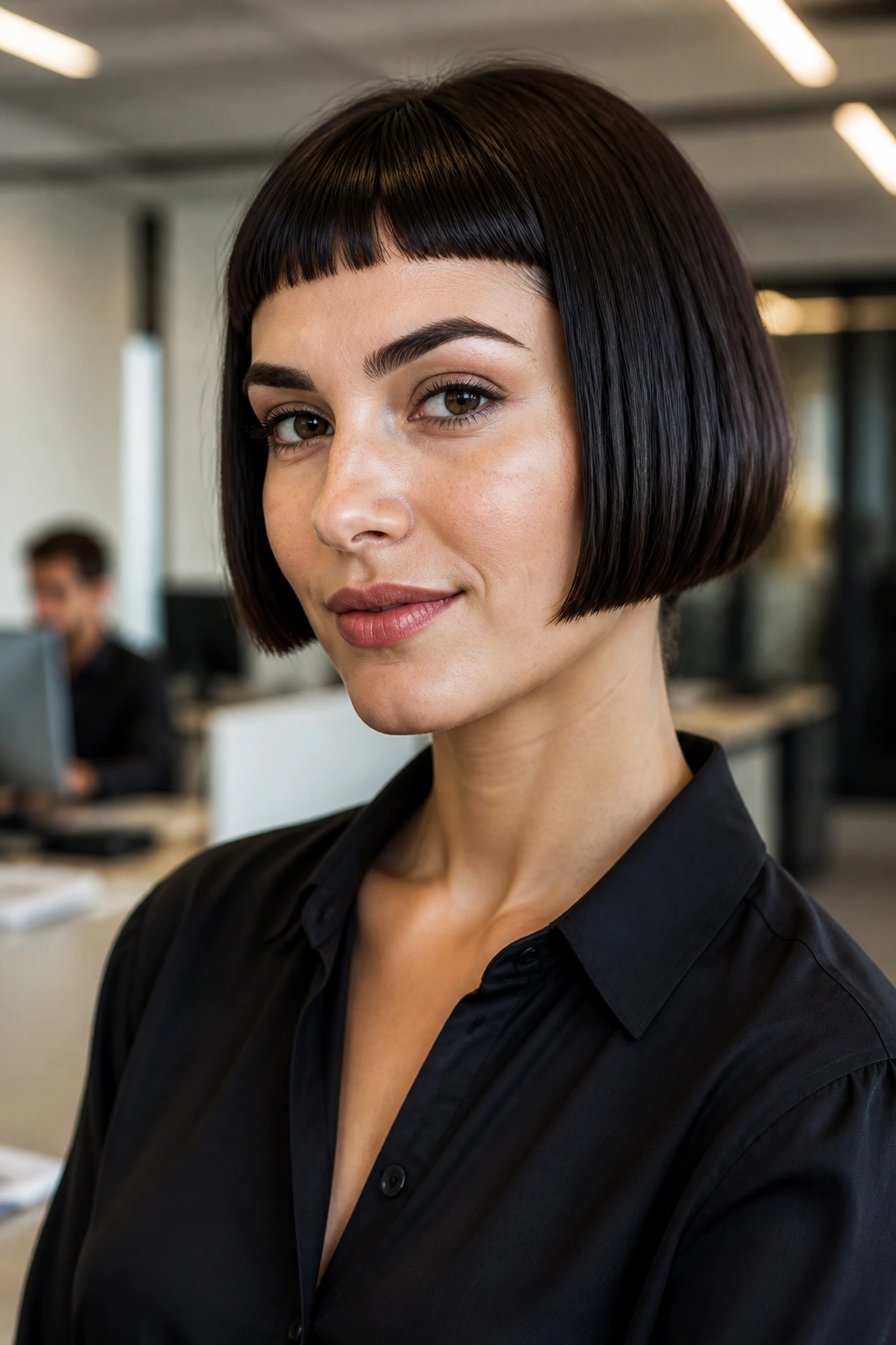 Portrait of a person with blunt bob and micro bangs in an office