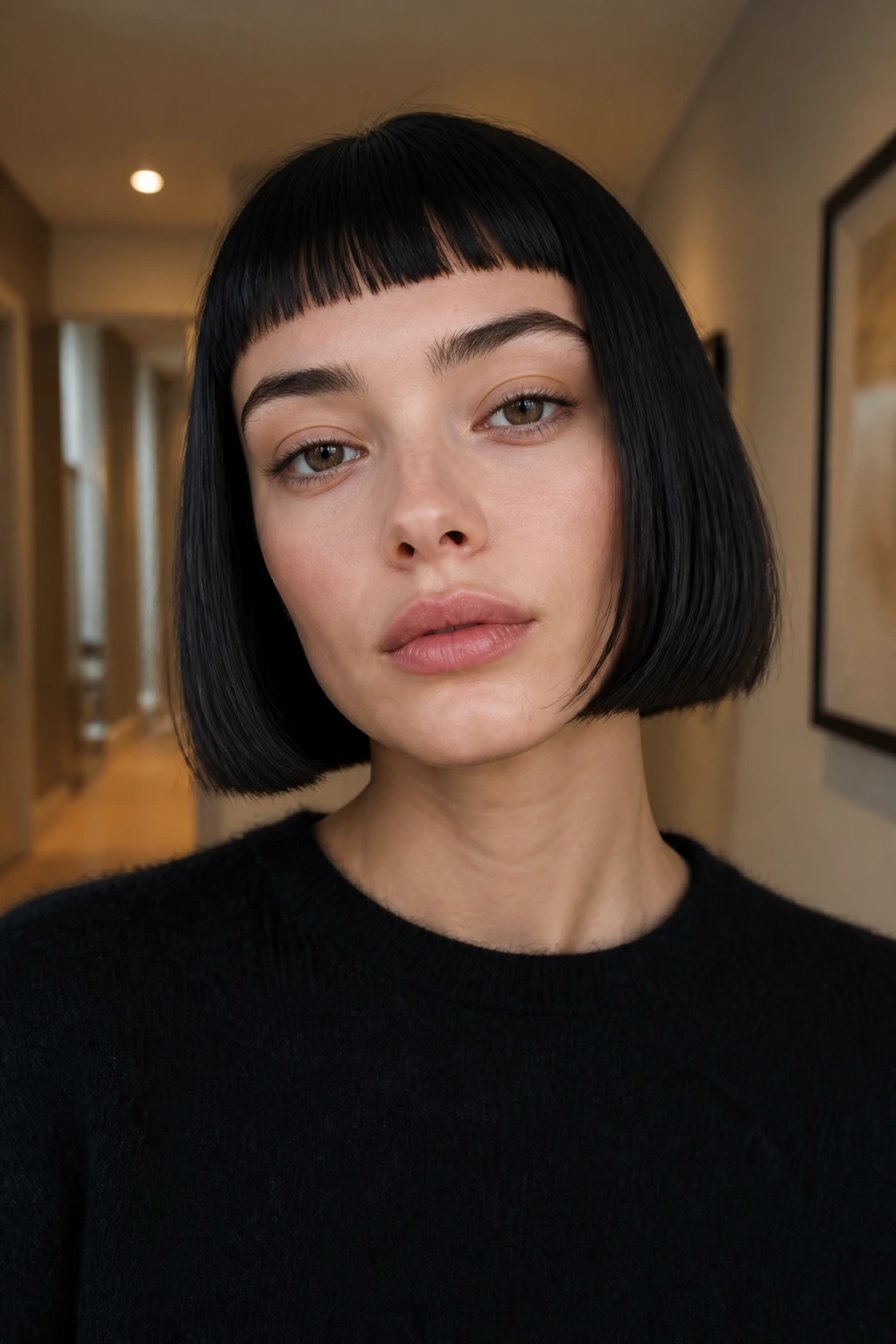 Close-up of a person with blunt bob and micro bangs