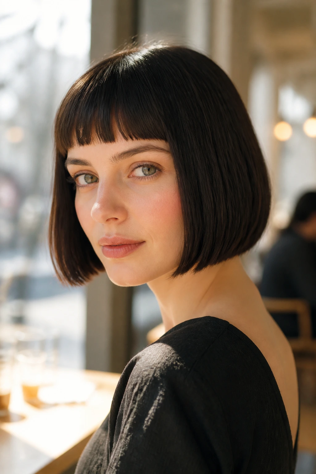 Portrait of a woman with blunt bob and micro-bangs in bright light