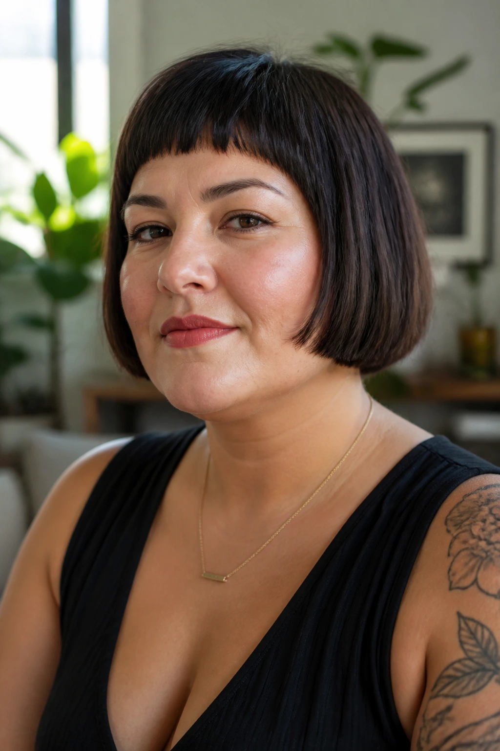 Portrait of a real woman with a blunt bob and micro-fringe
