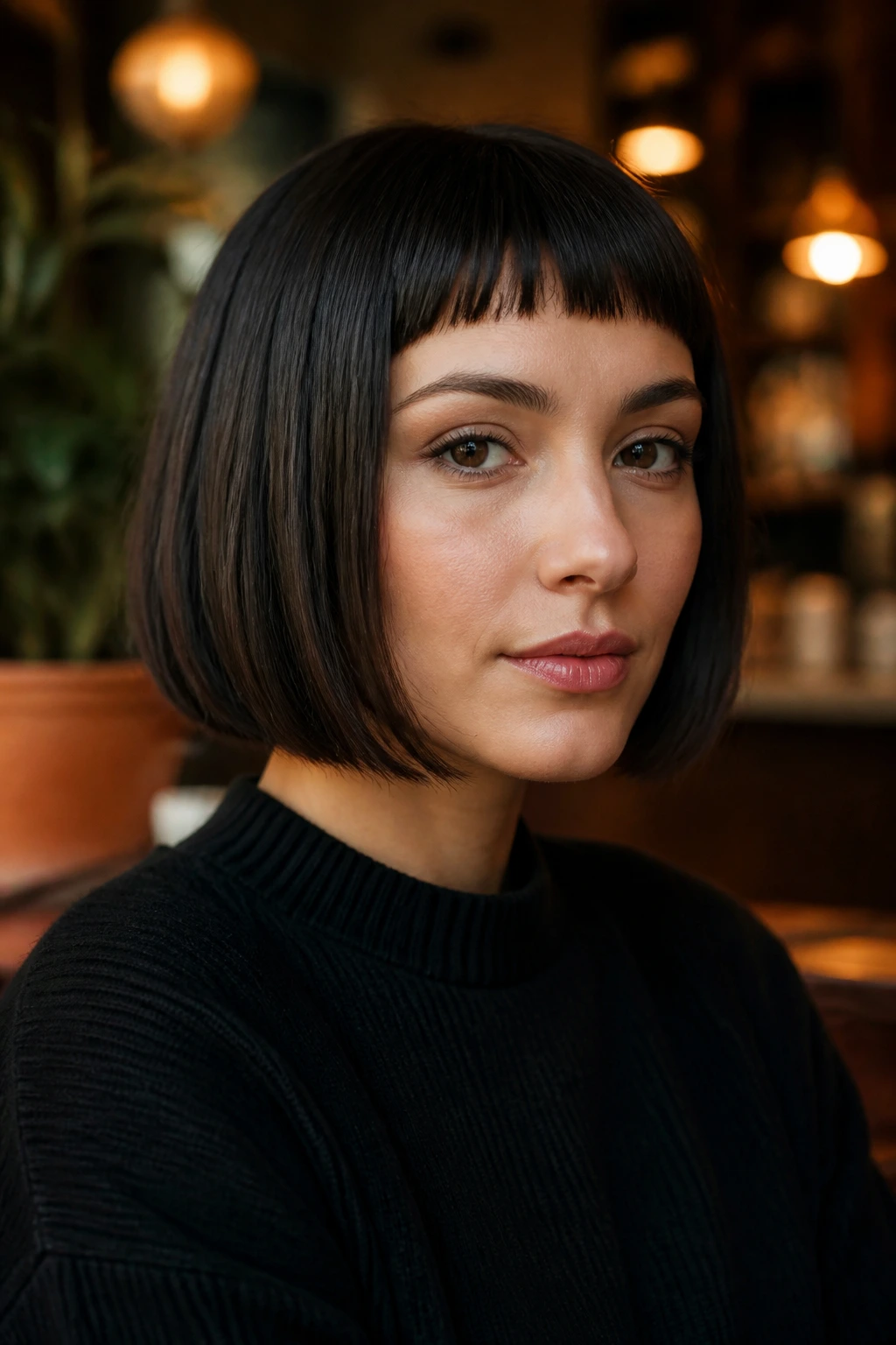Portrait of woman with blunt bob and micro-fringe.
