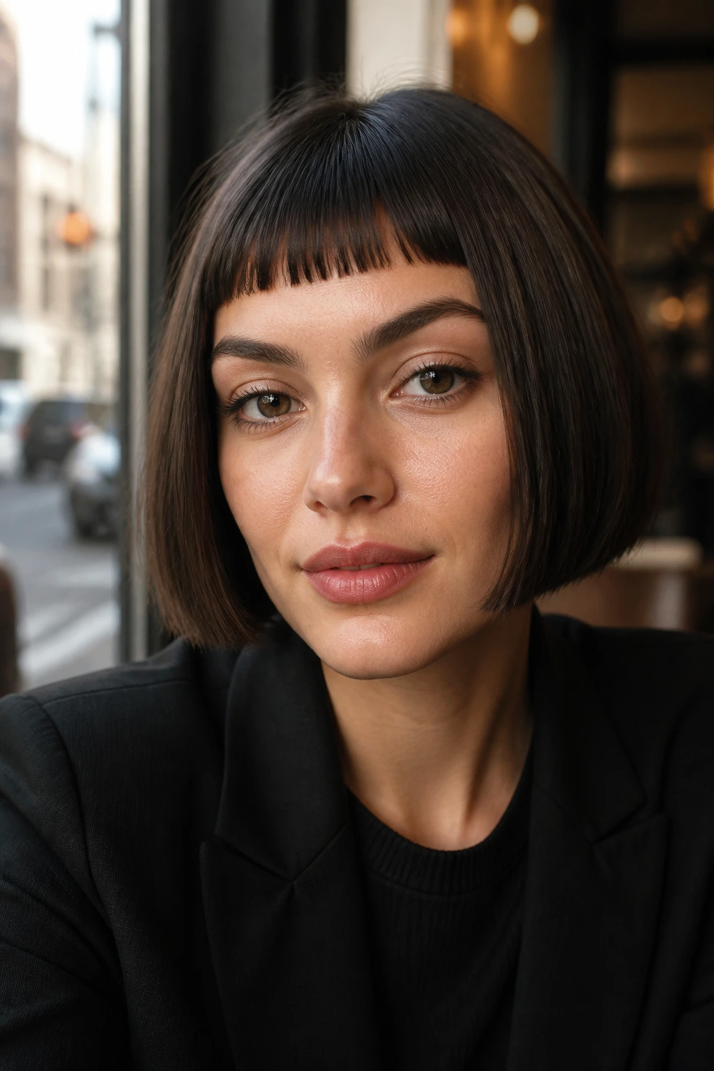 Real woman with blunt bob and micro-fringe in cafe daylight
