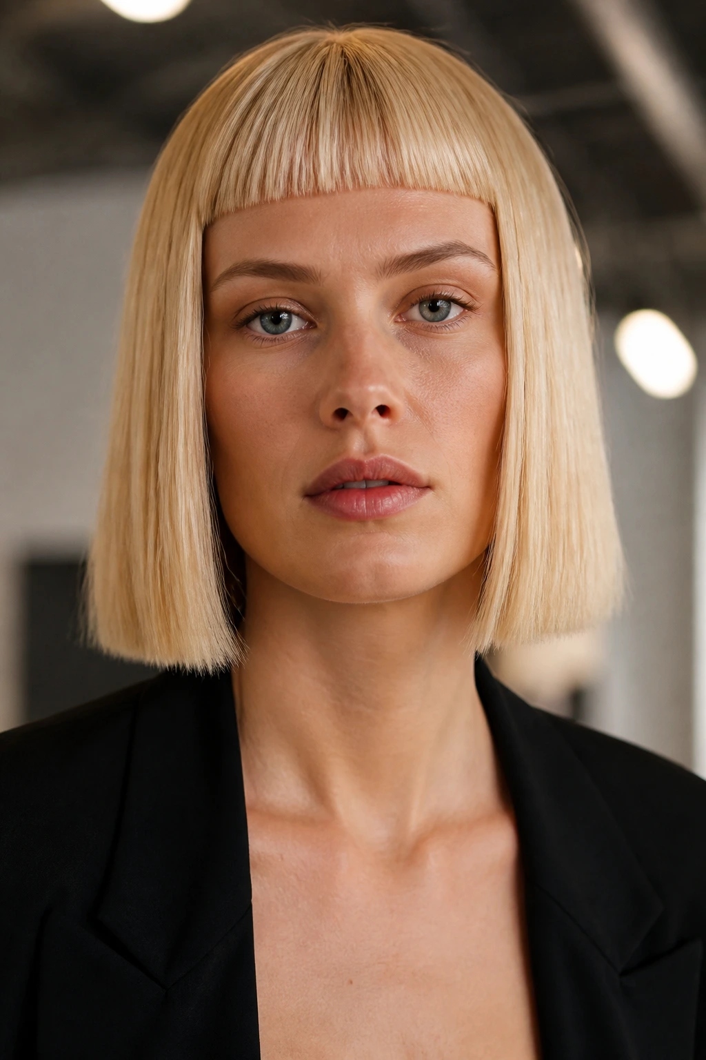 Portrait of a real woman with blunt bob and micro-fringe in bold blonde.
