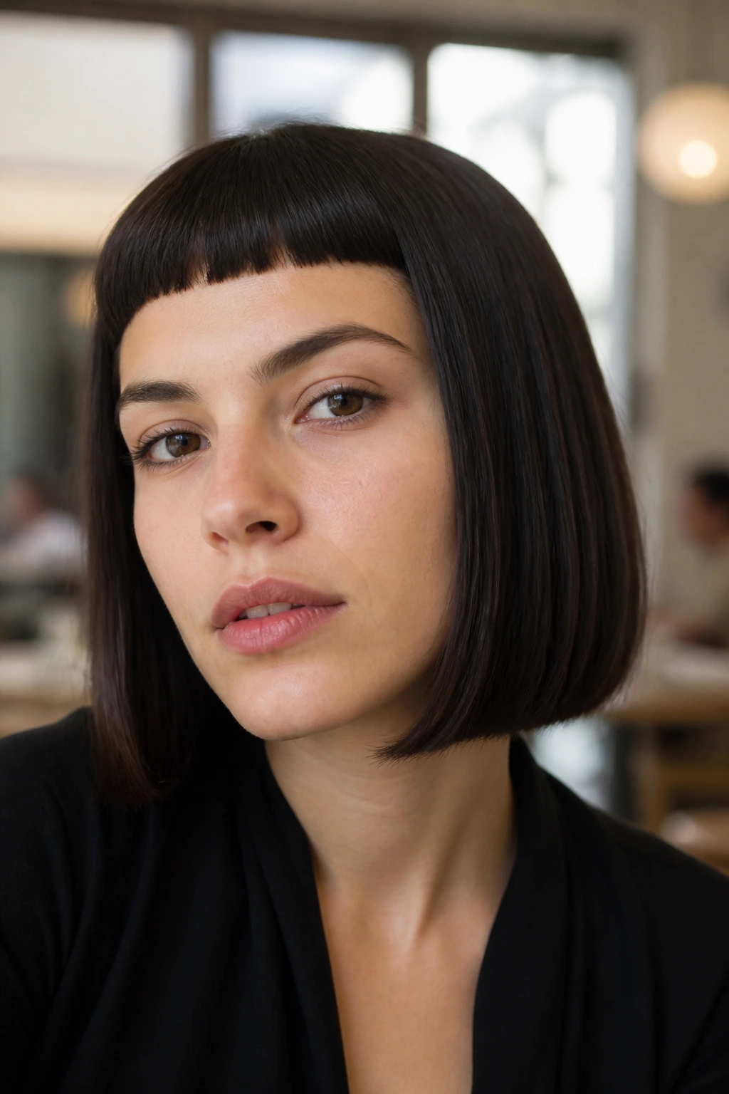 Close-up of a real woman with a blunt bob and micro-fringe