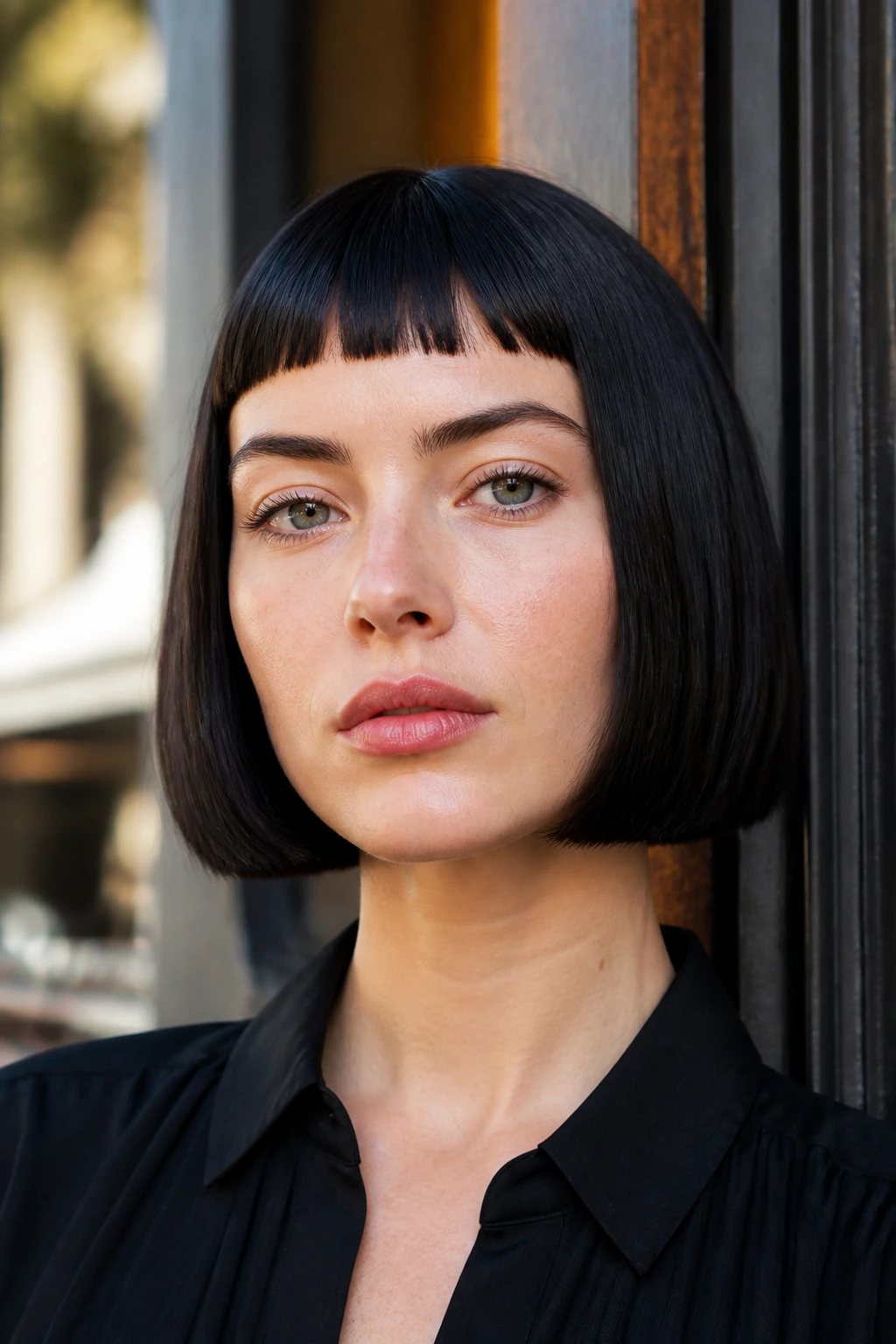Close-up portrait of a real woman with a blunt bob and micro-fringe in a sunlit urban setting.