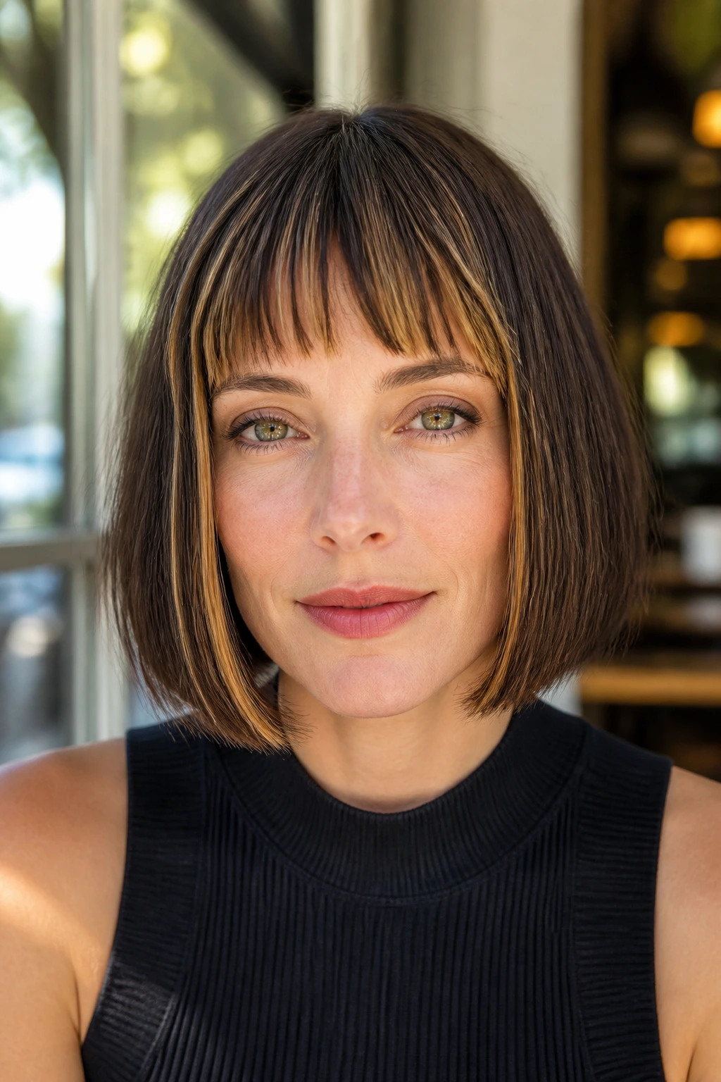 Close-up portrait of a real woman with a blunt bob and micro-fringe highlights