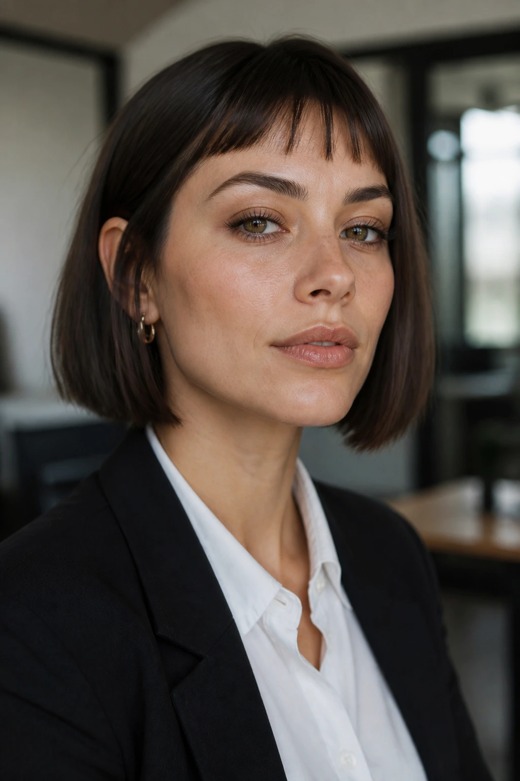 Close-up of a real person with blunt bob and micro fringe in an office