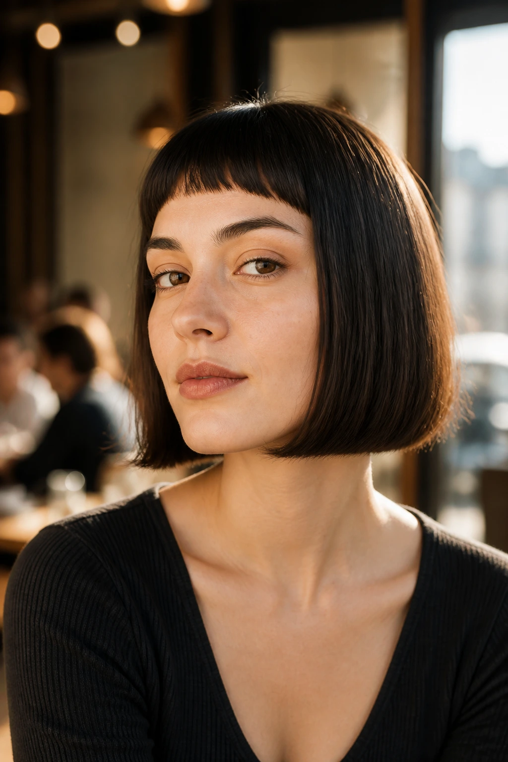 Close-up portrait of a woman with blunt bob and micro-fringe in warm cafe light