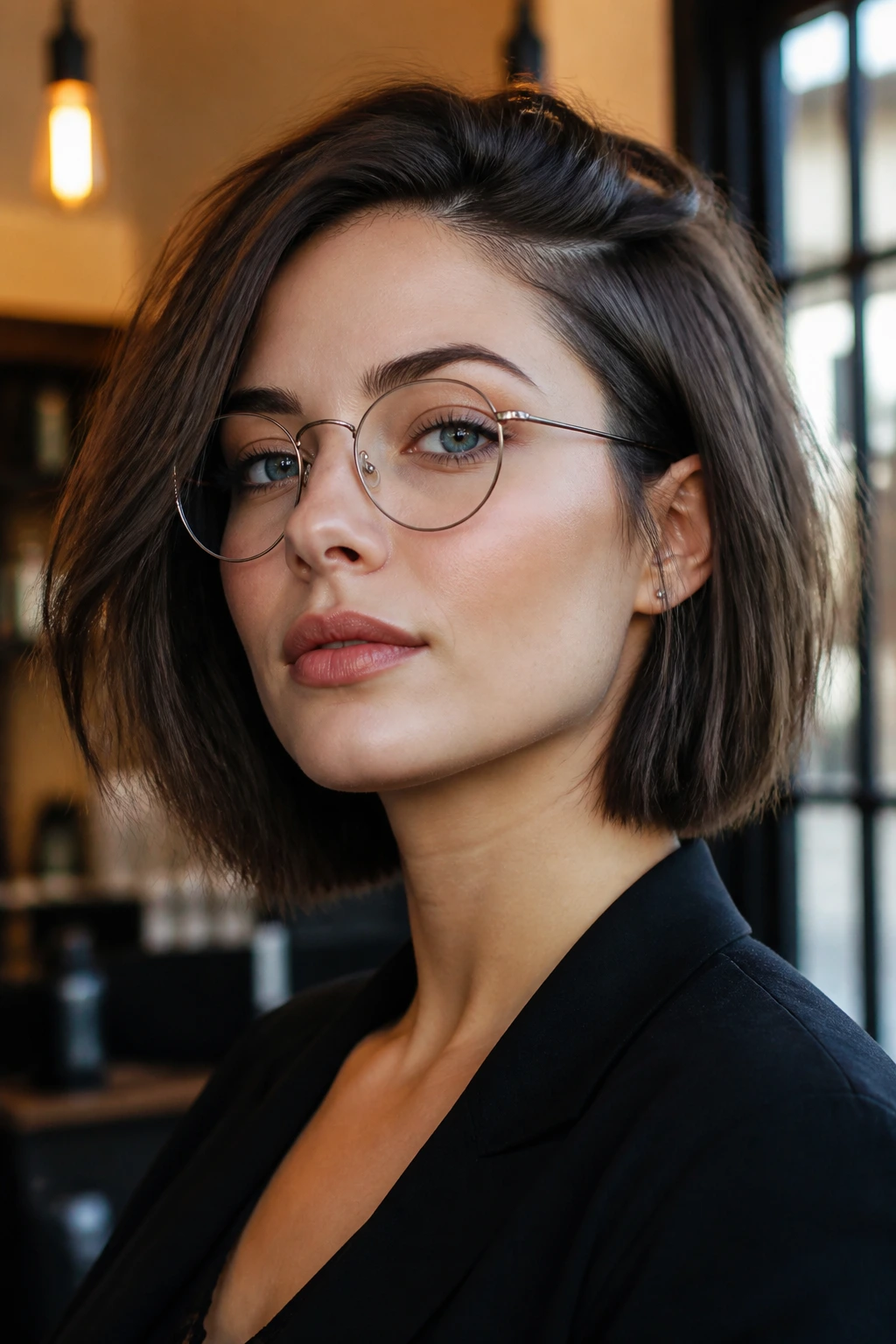 Portrait of woman with blunt bob and off-center part wearing thin glasses