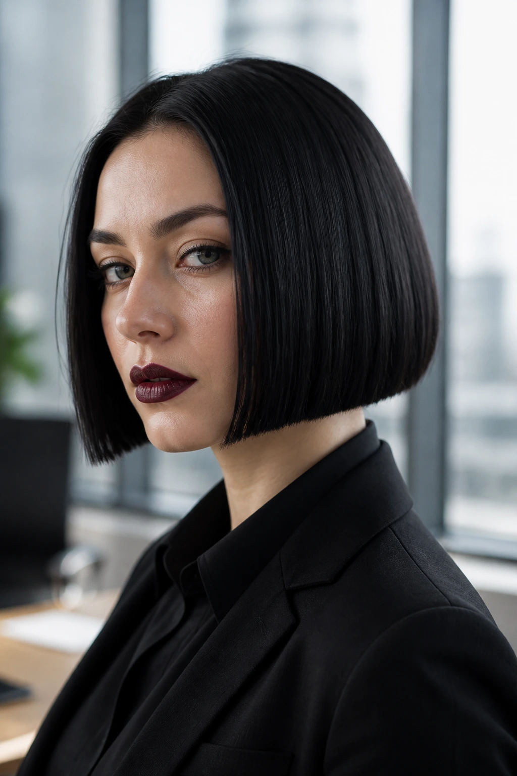 Real person with blunt bob in a corporate setting