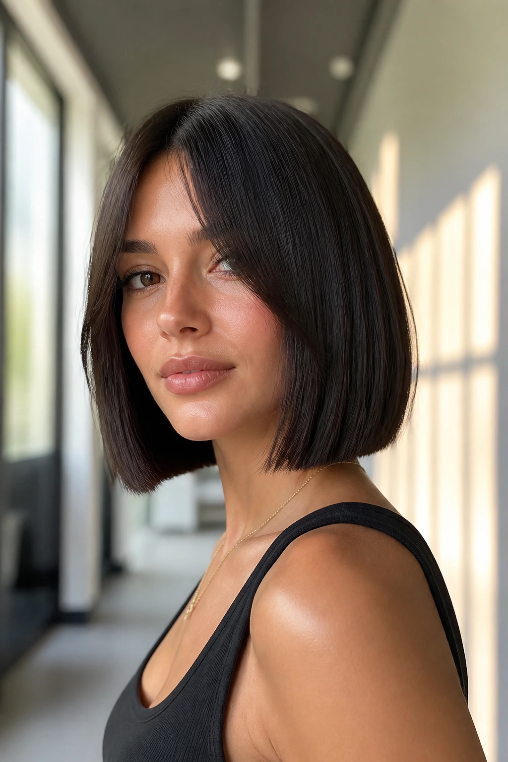Portrait of a woman with sleek blunt bob and parted bangs