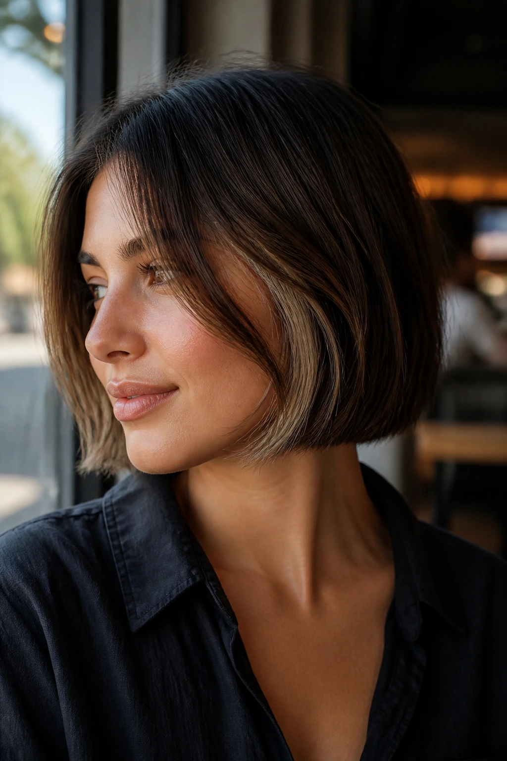 Real woman with blunt bob showing hidden lighter highlights beneath the top layer in a cafe setting