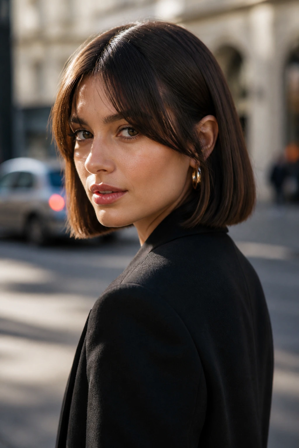 Close-up of a woman with blunt bob and peek-a-boo bangs in an urban street scene.