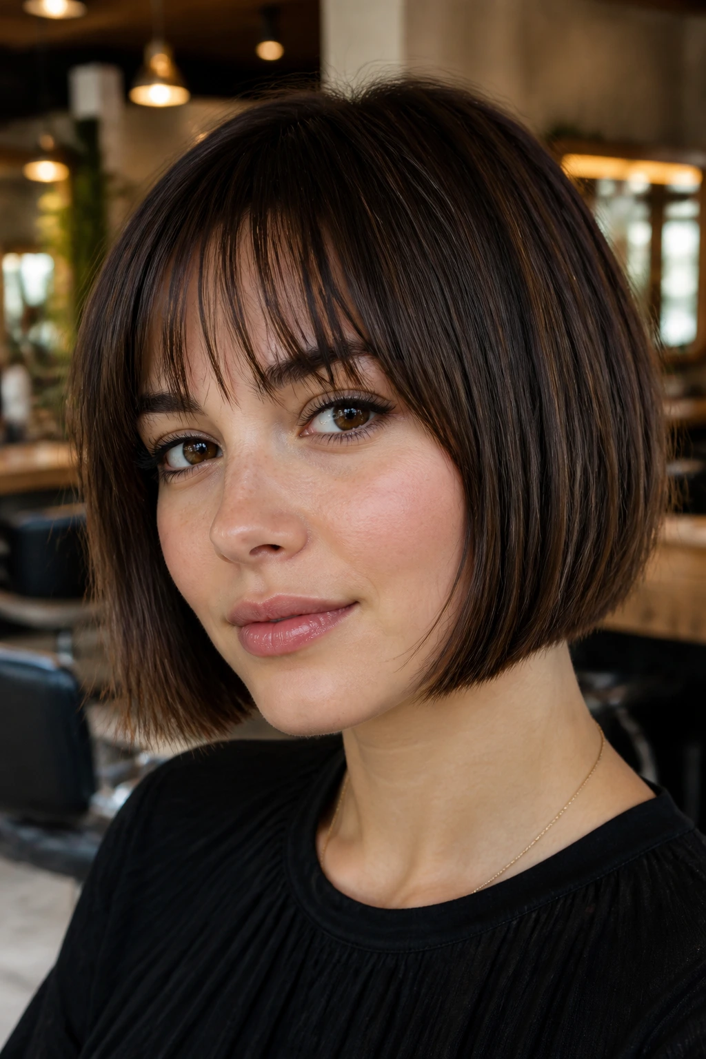 Close-up of real person with blunt bob and piecey bangs in an urban chic setting.