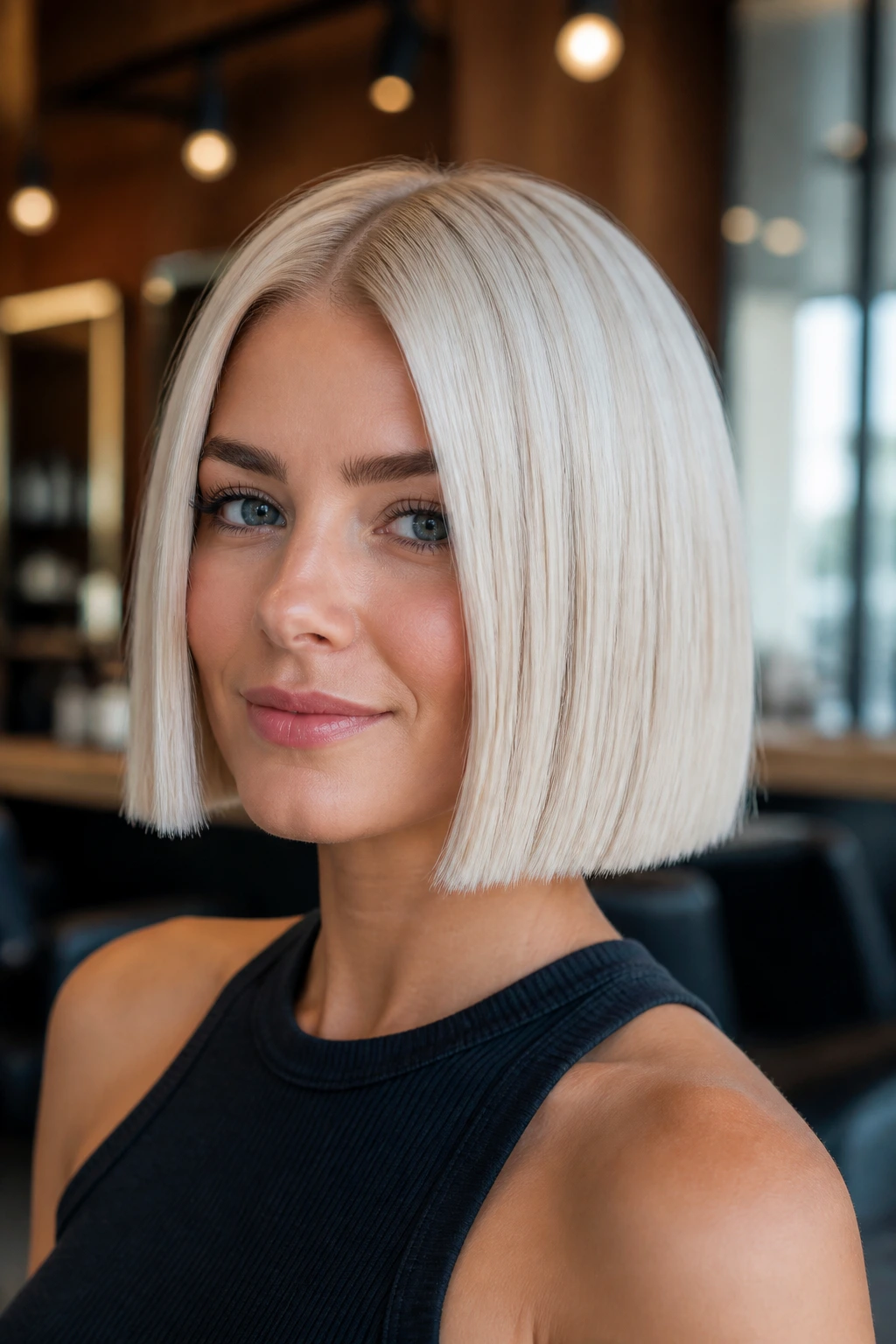 Close-up portrait of a real woman with a platinum-blonde blunt chin-length bob in a modern salon