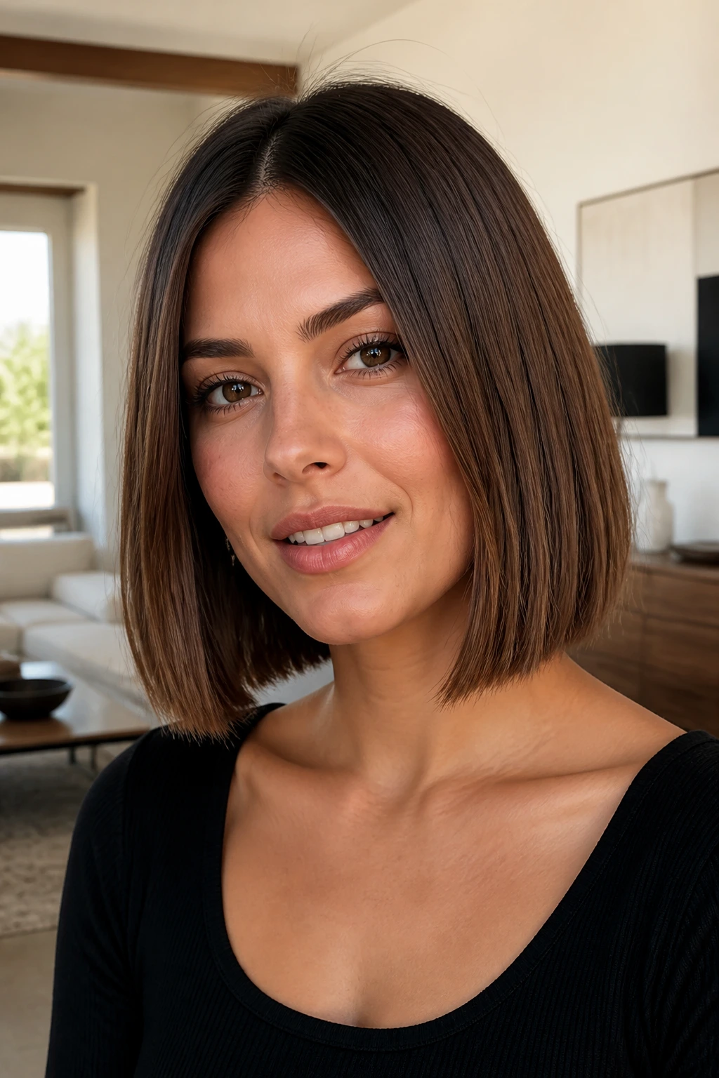 Portrait of a person with a blunt collarbone bob in a bright living room