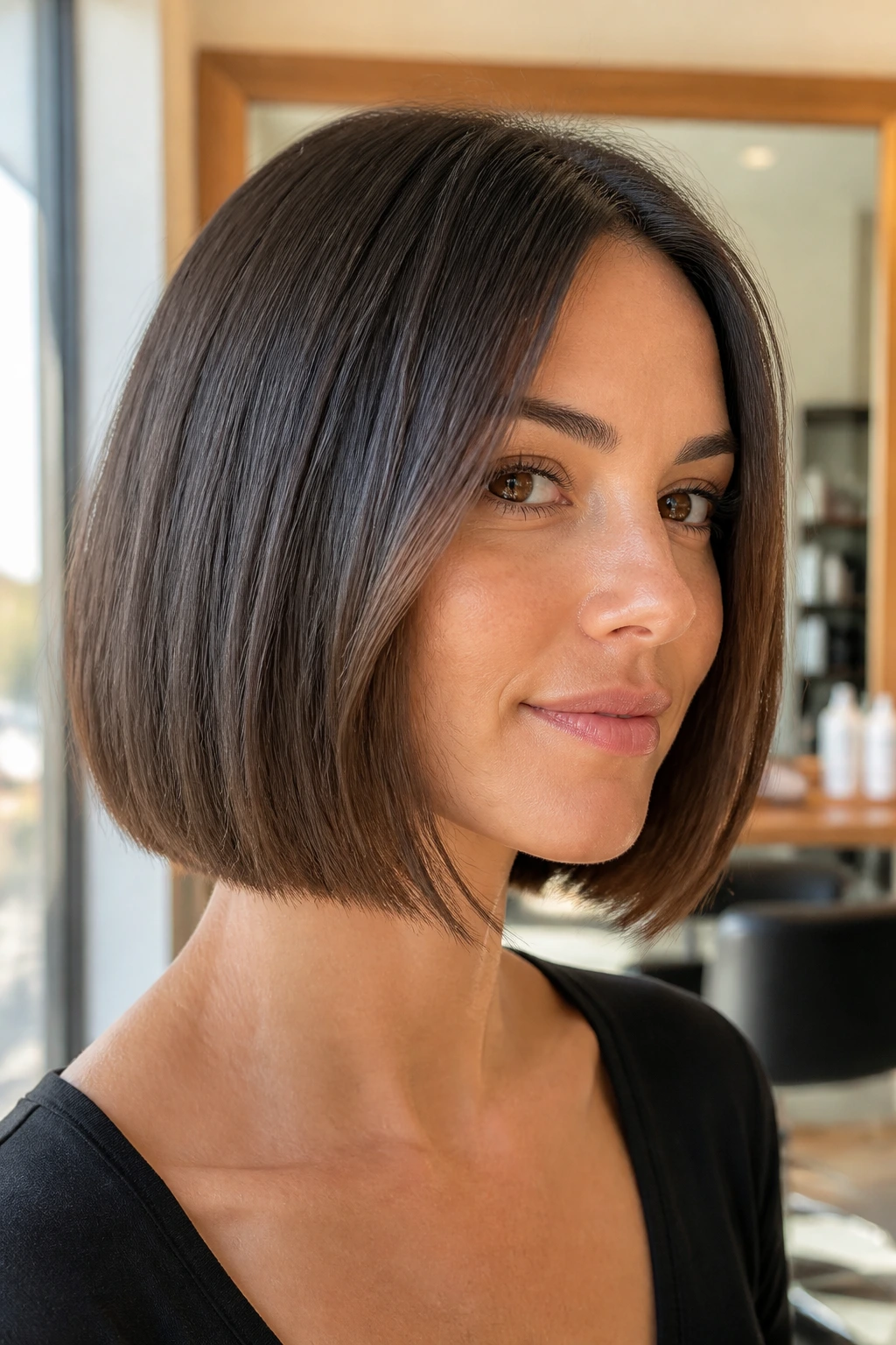 Close-up portrait of a real woman with a blunt bob featuring a razor-cut edge.