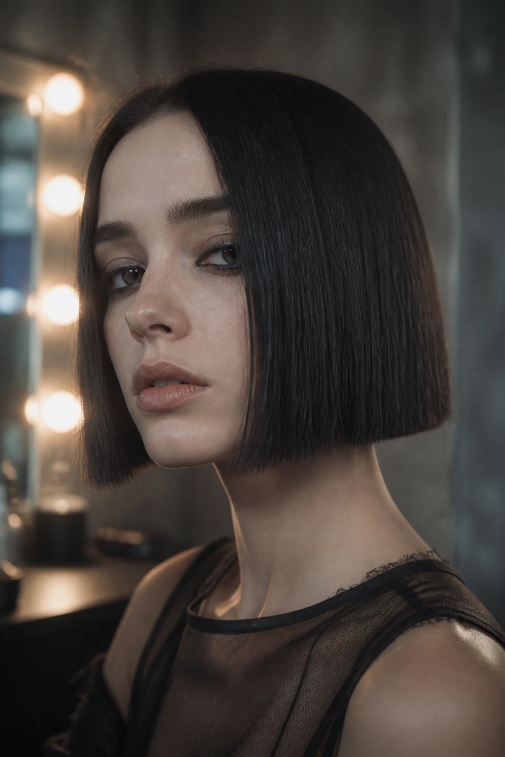 Close-up of a real woman's blunt chin-length bob with razor-sharp ends
