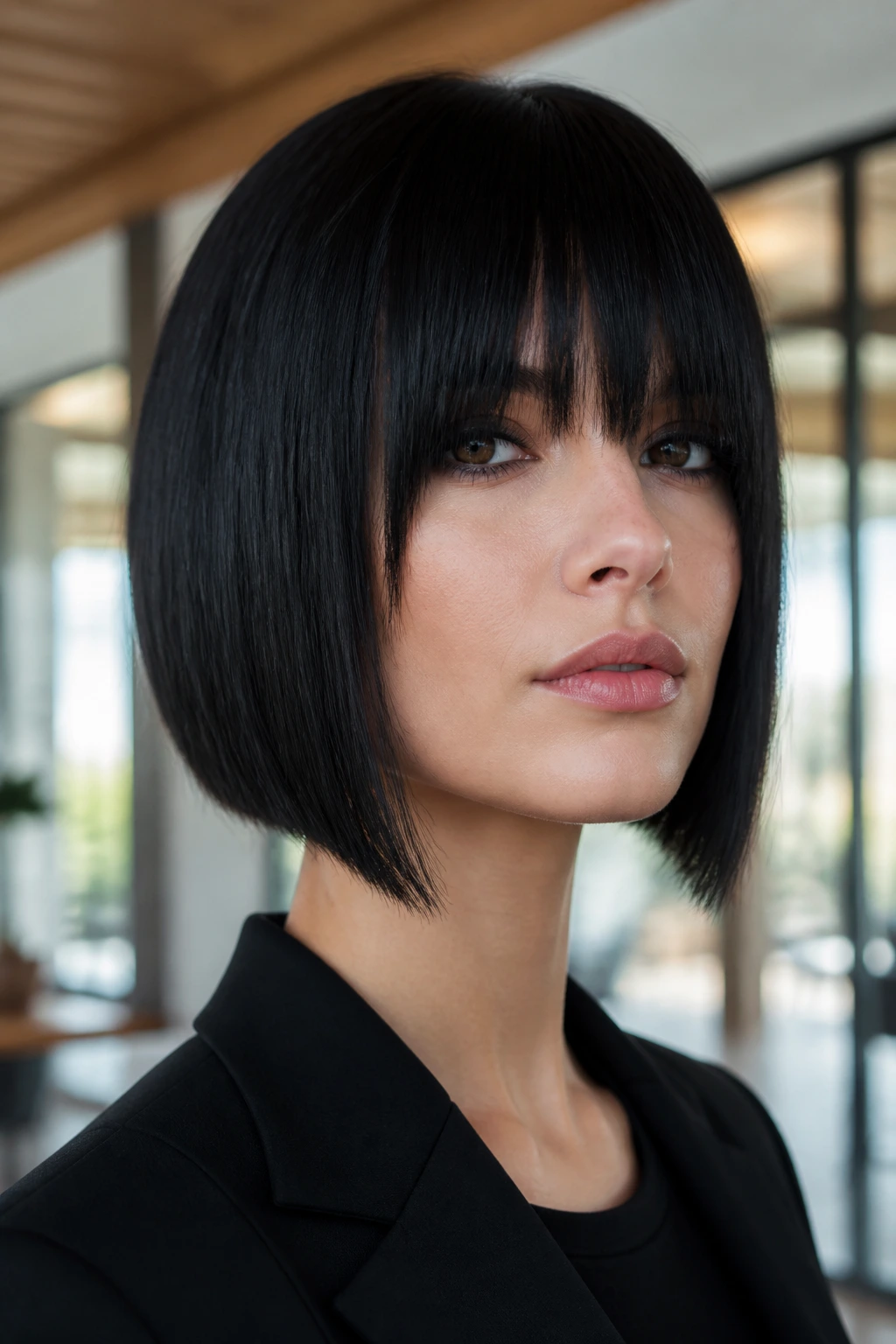 Portrait of a woman with blunt A-line bob and sharp bangs in modern office setting.