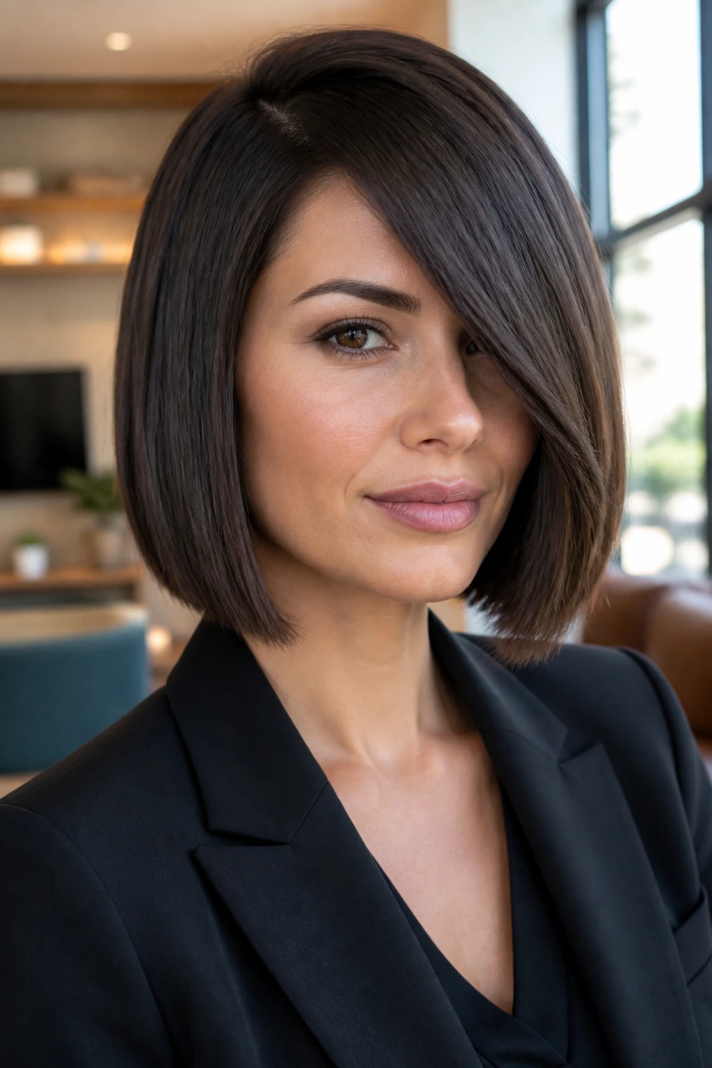 Close-up of a woman with a blunt bob and deep side-swept fringe