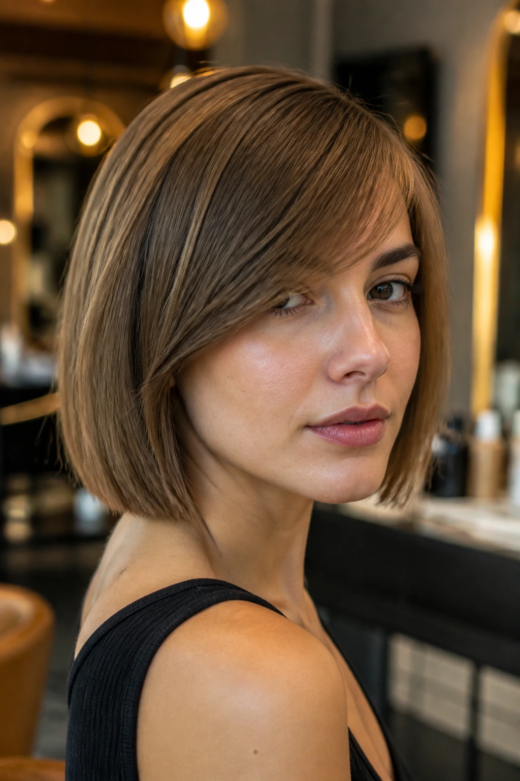 Portrait of a woman with a blunt bob and side-swept bangs