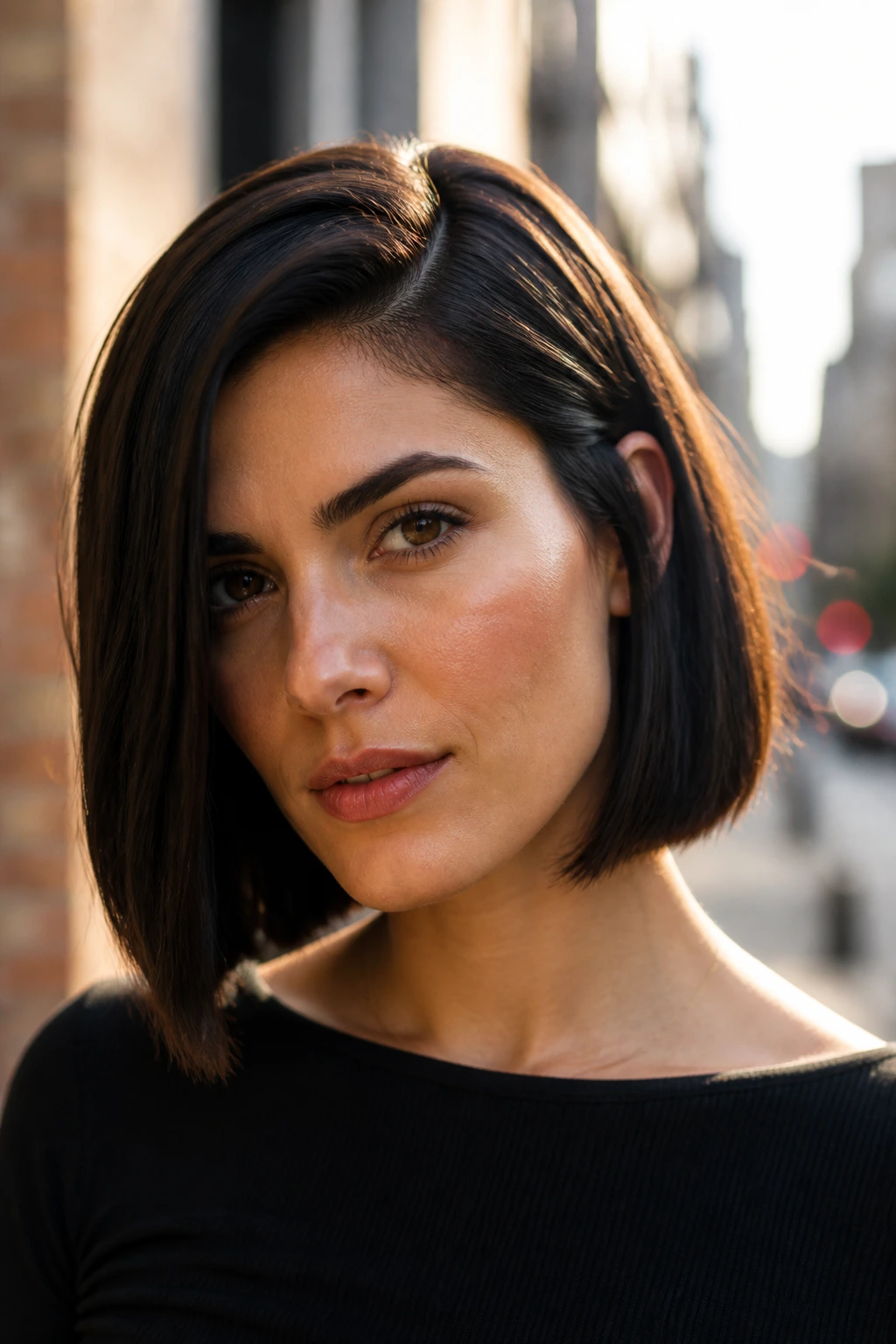 Close-up portrait of a woman with deep side part blunt bob on sunlit street