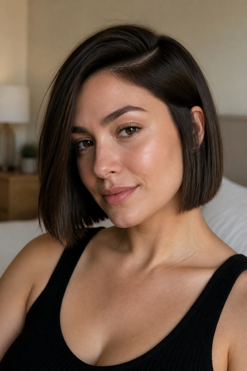Close-up portrait of a woman with a blunt bob and deep side part