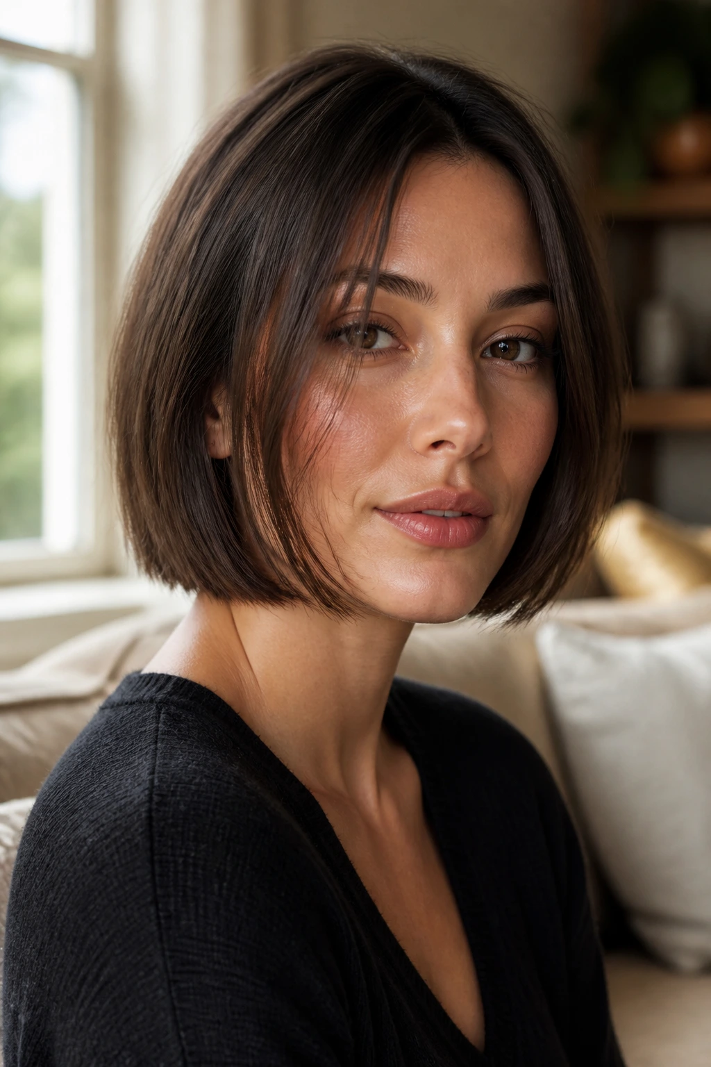 Close-up portrait of a woman with a blunt bob and soft face-framing pieces