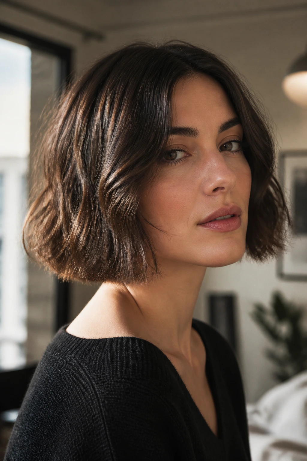 Close-up portrait of a real woman with blunt bob and soft waves.