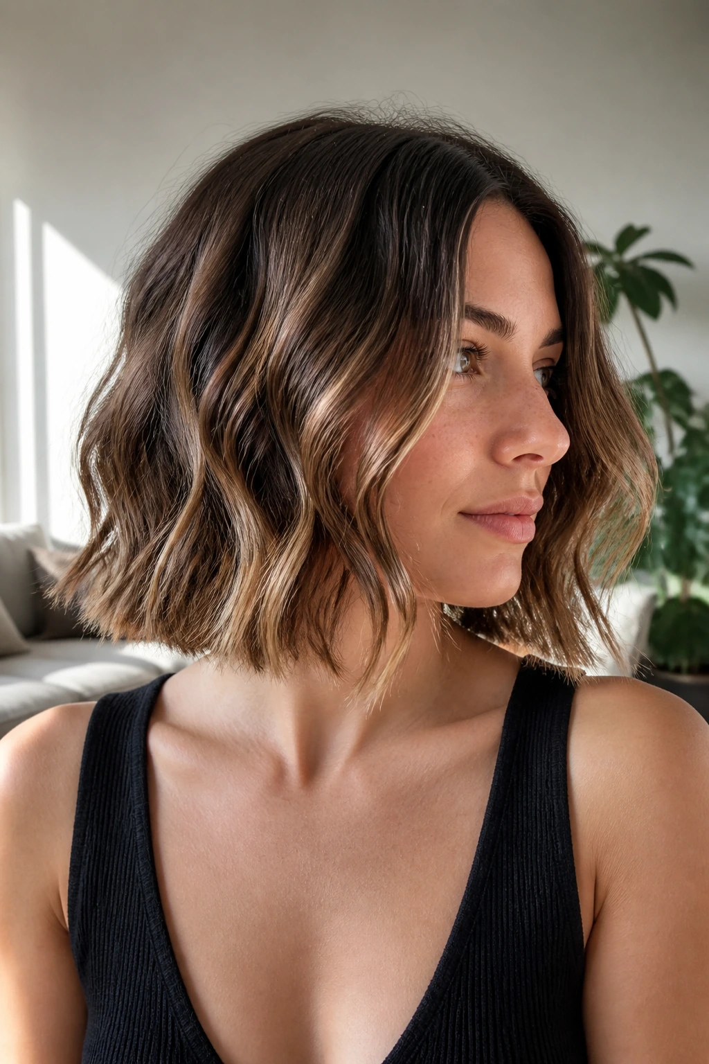 Real person with blunt bob and soft waves in natural light