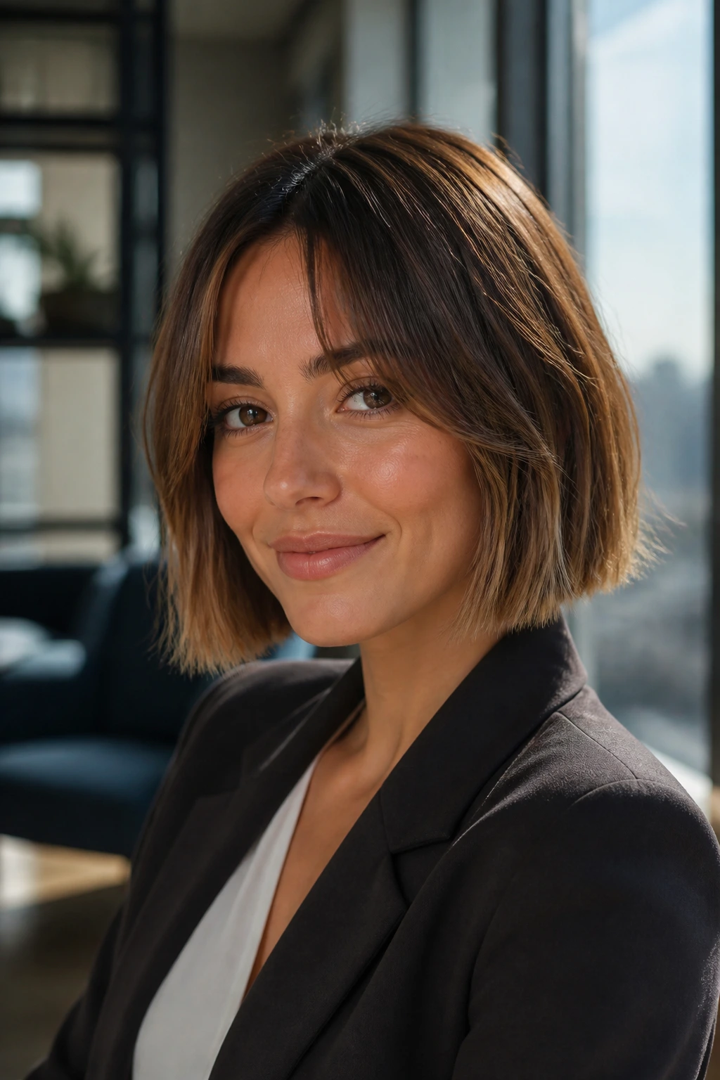 Portrait of a woman with a blunt-cut bob with softened edges and curtain bangs.