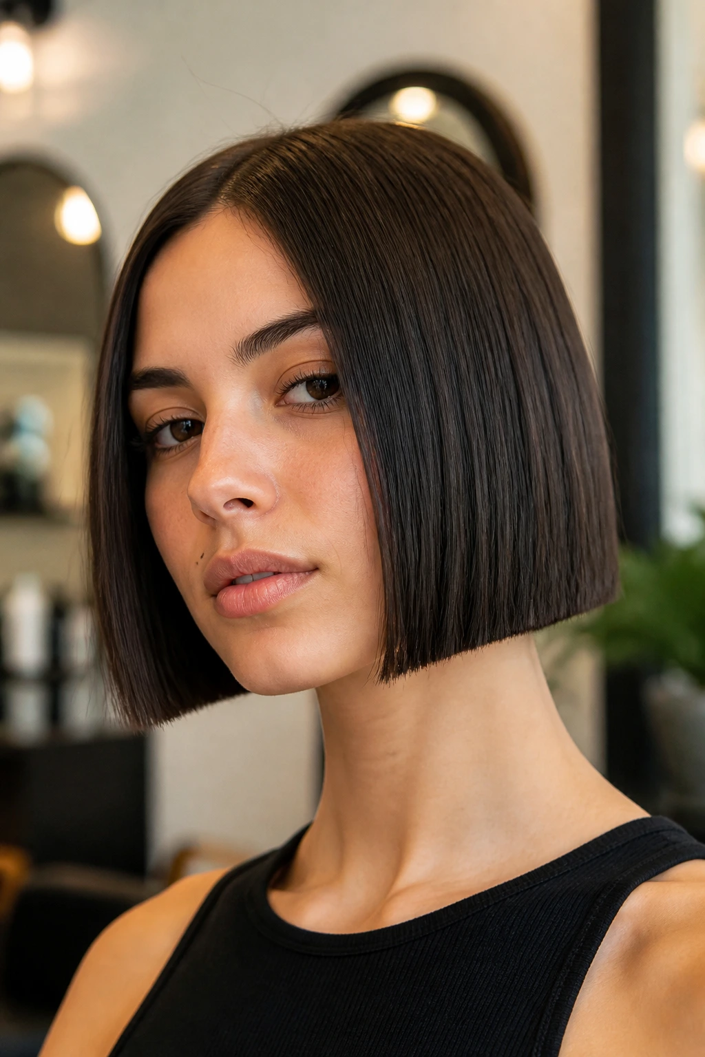 Real woman with a blunt bob in a modern salon under soft lighting