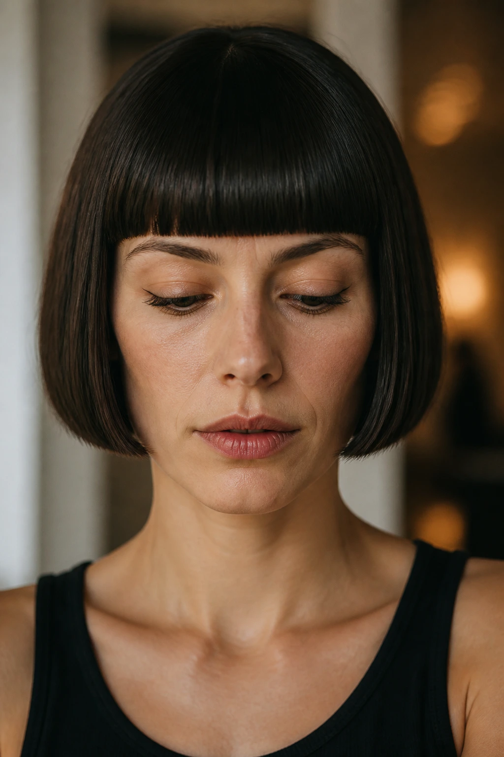 Close-up of a woman with a blunt bob and straight-across bangs in warm interior light
